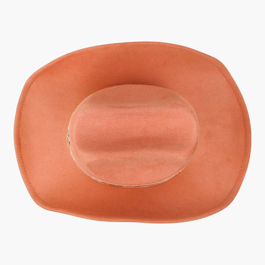 Peach-Jacquard Faux-Suede Western hat, seen from above showing the pinch-front crease and the ribbon ringing the crown