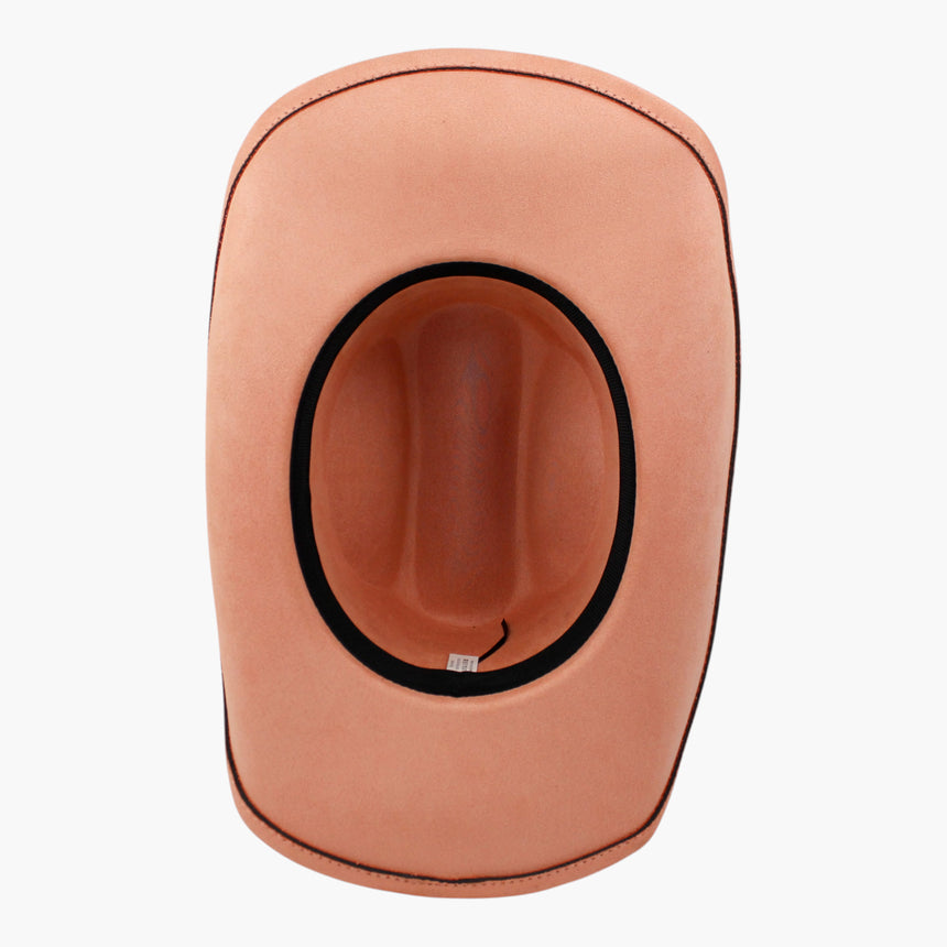 Peach-Jacquard Faux-Suede Western hat, underside showing the sweatband and the adjuster cord