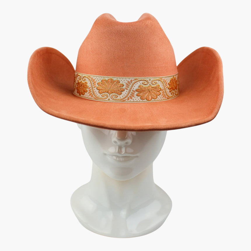 Peach-Jacquard Faux-Suede Western hat, front view showing the floral embroidery on the cream ribbon