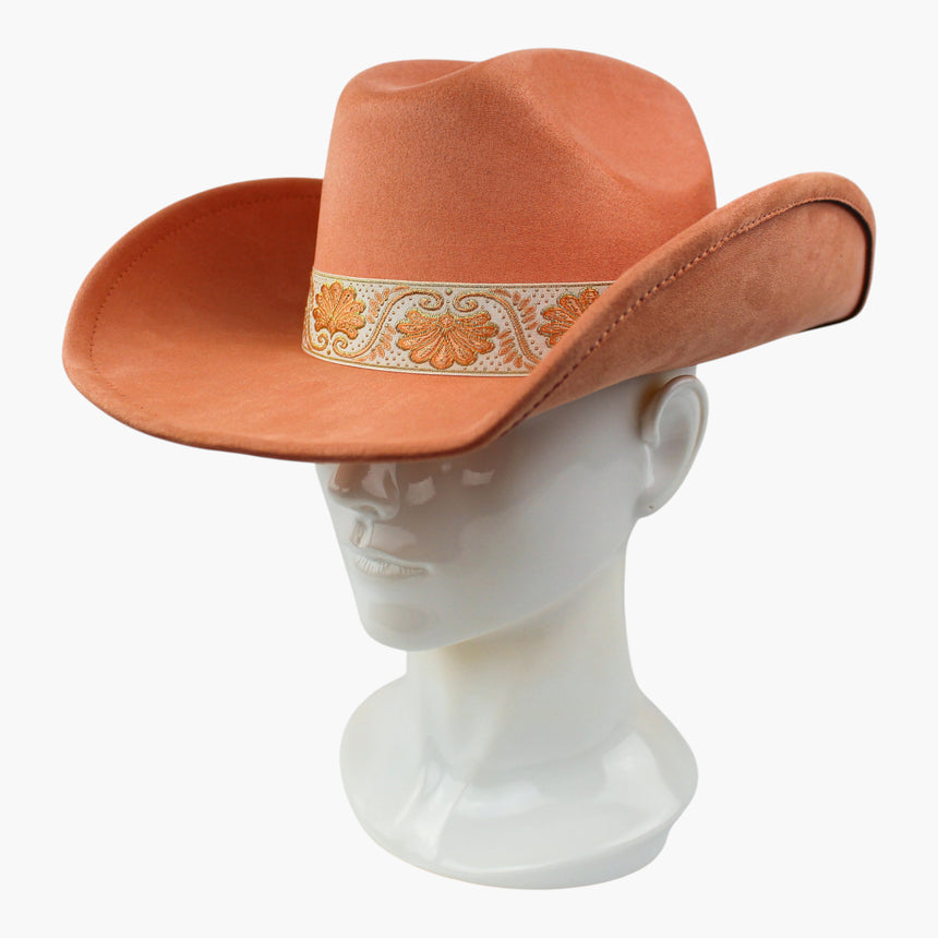 Peach-Jacquard Faux-Suede Western hat, at a three-quarter angle showing the palmette motif repeating around the band