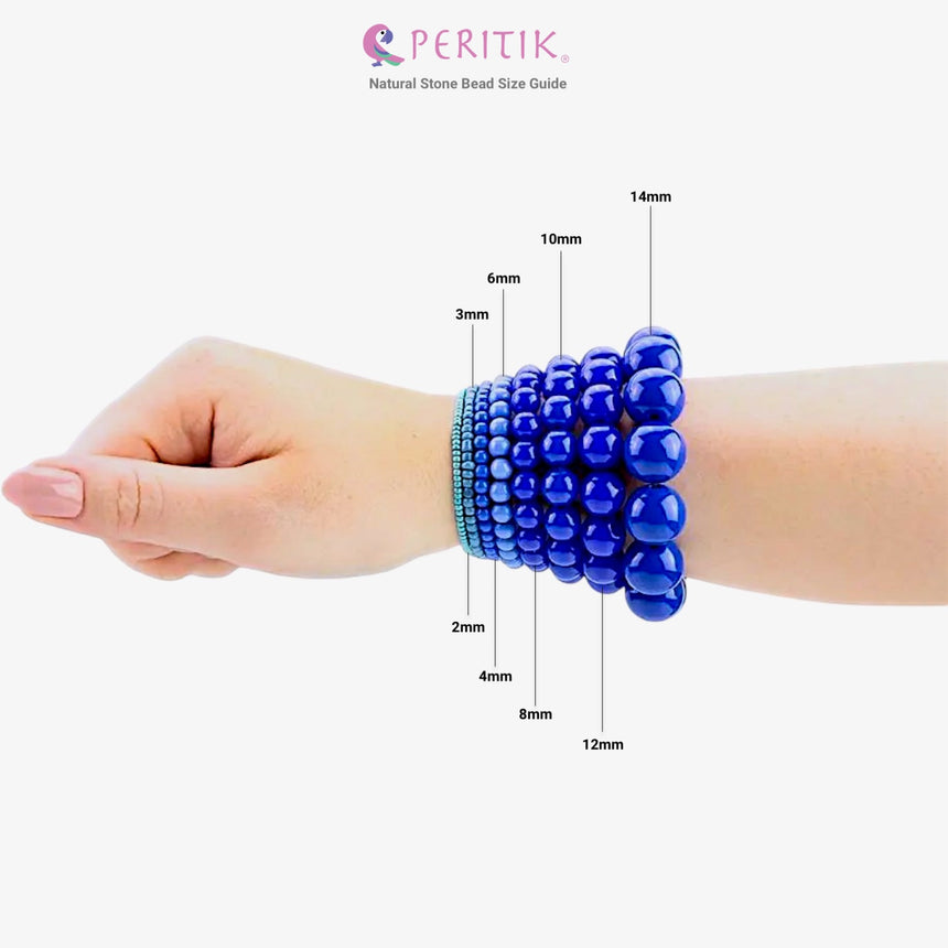 Peritik natural stone bead size guide, stacked bracelets from 2mm to 14mm beads on a wrist