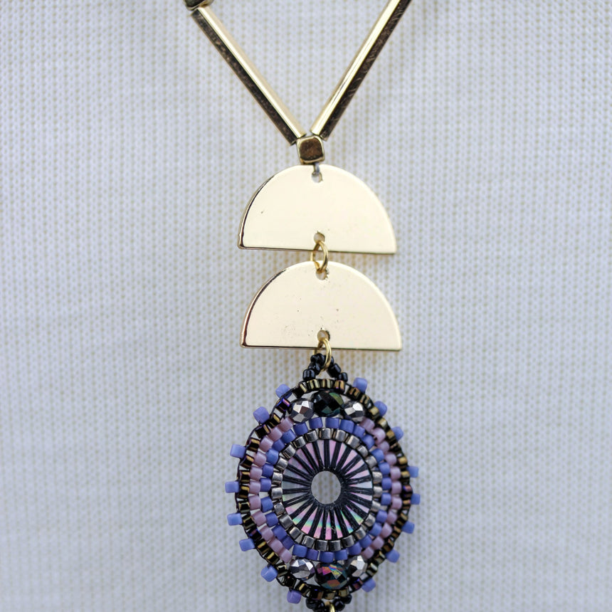 Half-Moon Medallion Necklace — Gold-Tone Alloy, Two Colors, Cobalt colorway, close-up of the beaded medallion