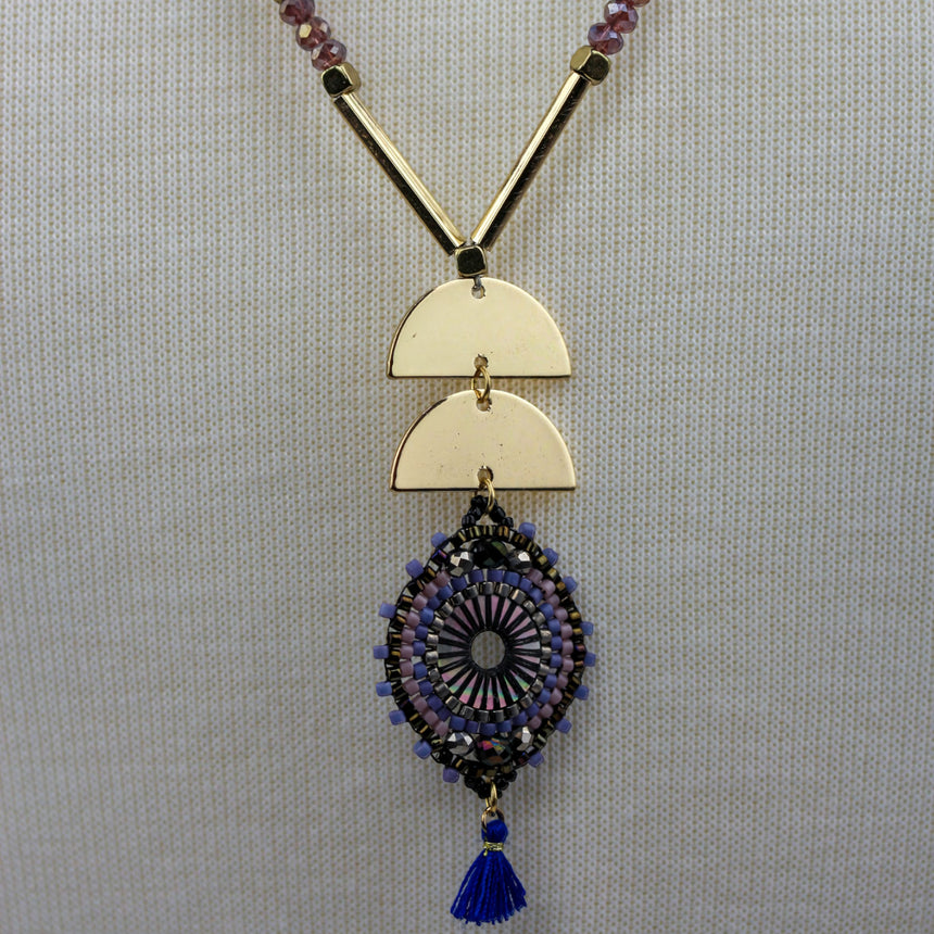 Half-Moon Medallion Necklace — Gold-Tone Alloy, Two Colors, Cobalt colorway, pendant with blue tassel drop