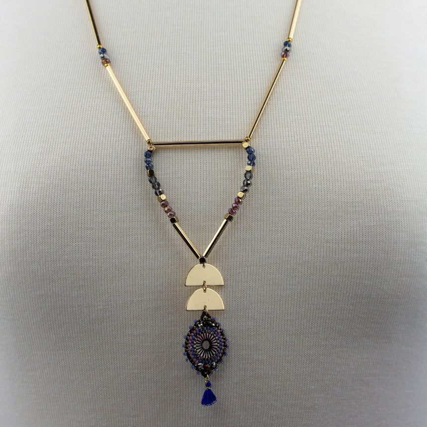 Half-Moon Medallion Necklace — Gold-Tone Alloy, Two Colors, Cobalt colorway, full necklace on mannequin