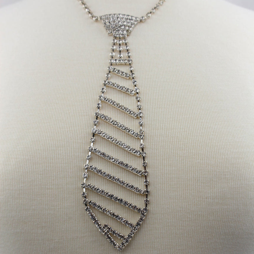 Rhinestone Necktie Necklace — Silver-Tone Alloy, Clear Crystals, alternate view of the full tie length