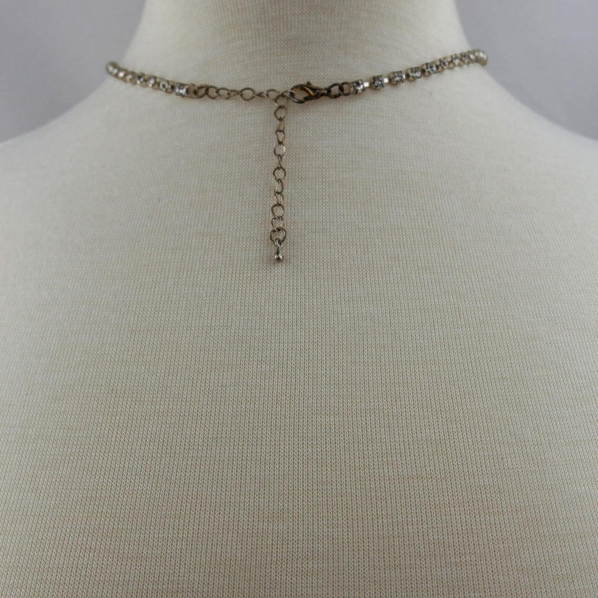 Rhinestone Necktie Necklace — Silver-Tone Alloy, Clear Crystals, lobster clasp and extender chain at the back