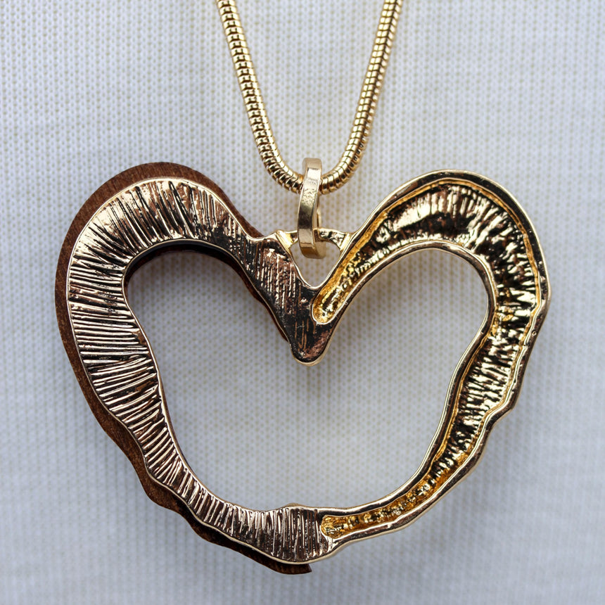 Two-Tone Open Heart Necklace — Wood & Alloy, 2 Colors, back view showing the textured metal side, gold colorway