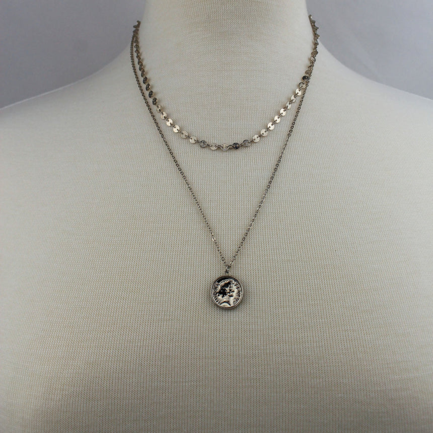 Coin Medallion Necklace — Silver-Tone Alloy, Layered Chains, both layers worn on mannequin
