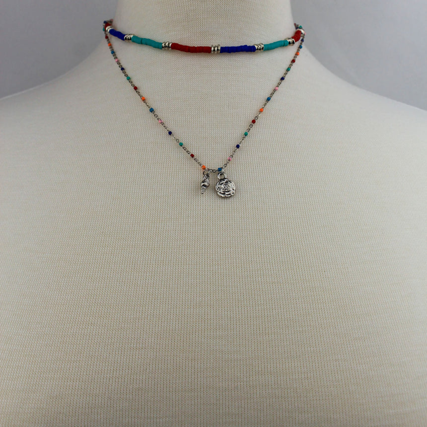 Multicolor Heishi Choker Set — Silver-Tone Alloy, Rose Charm, full view of the two layers on a mannequin