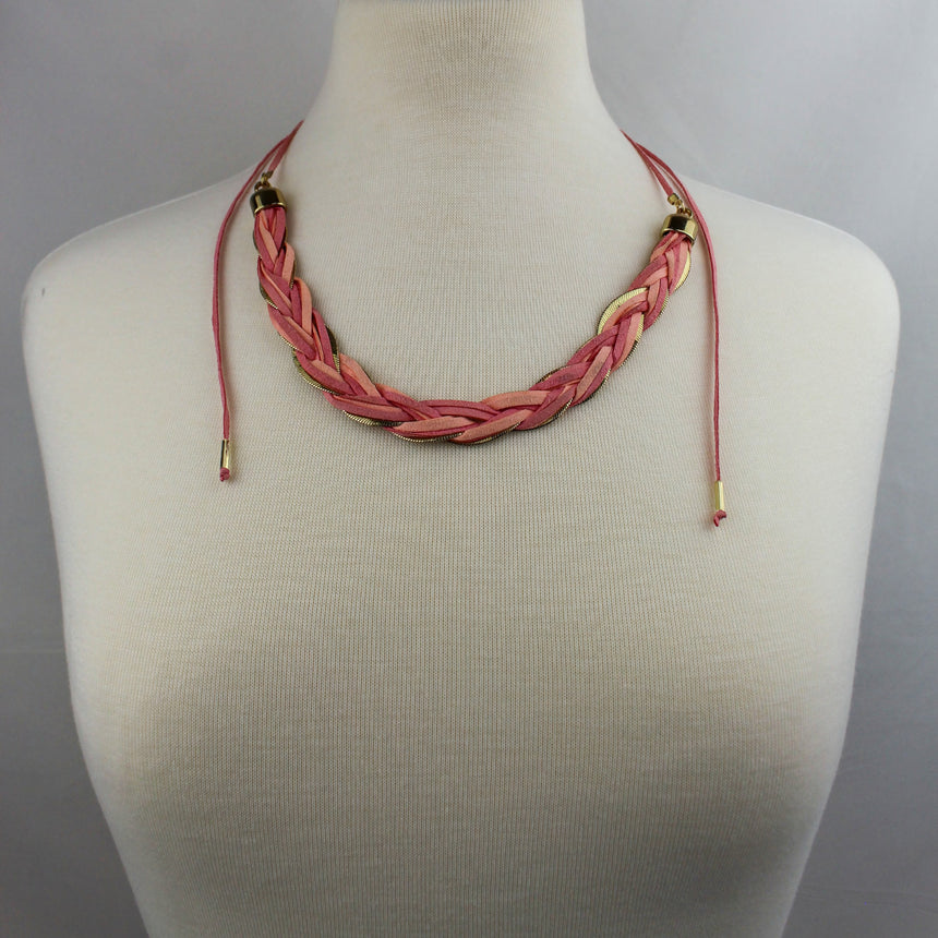 Braided Suede Lariat Necklace — Gold-Tone Chain, Pink Cord Ties, suede styling shown full length on a mannequin