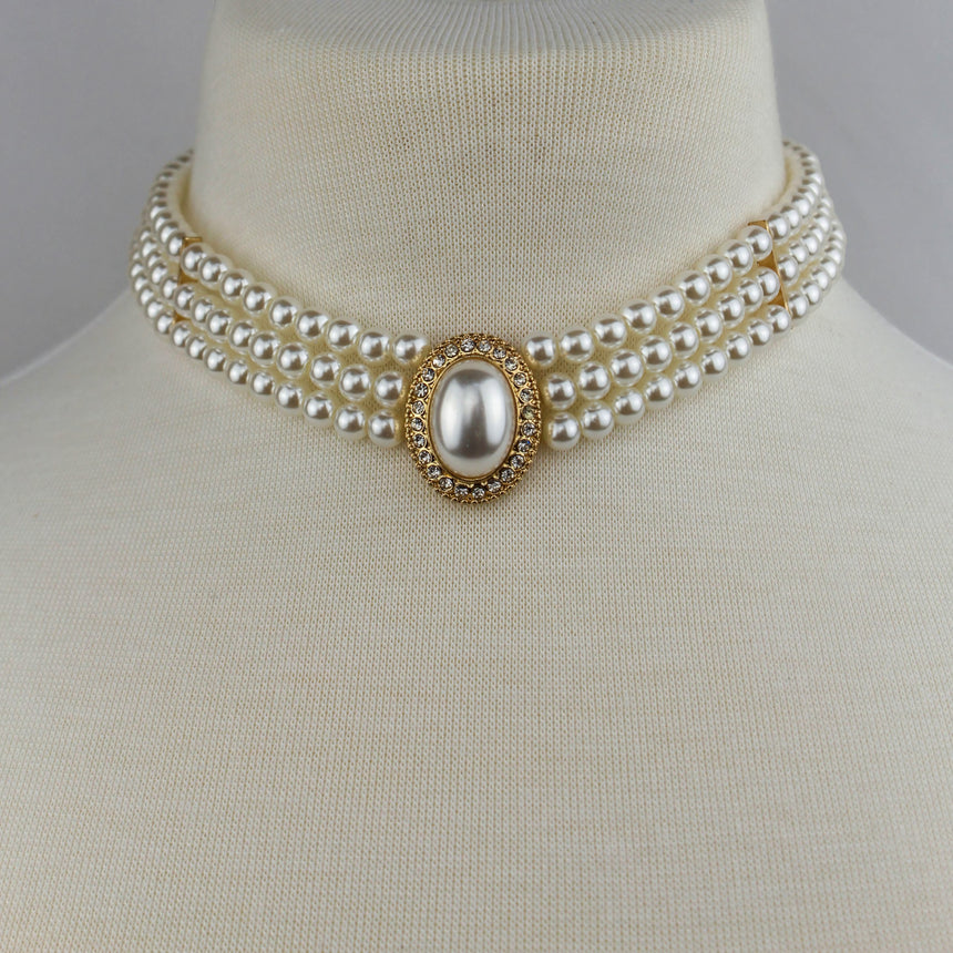 Three-Strand Pearl Choker — Faux Pearls, Rhinestone Halo, front view of the choker on a mannequin