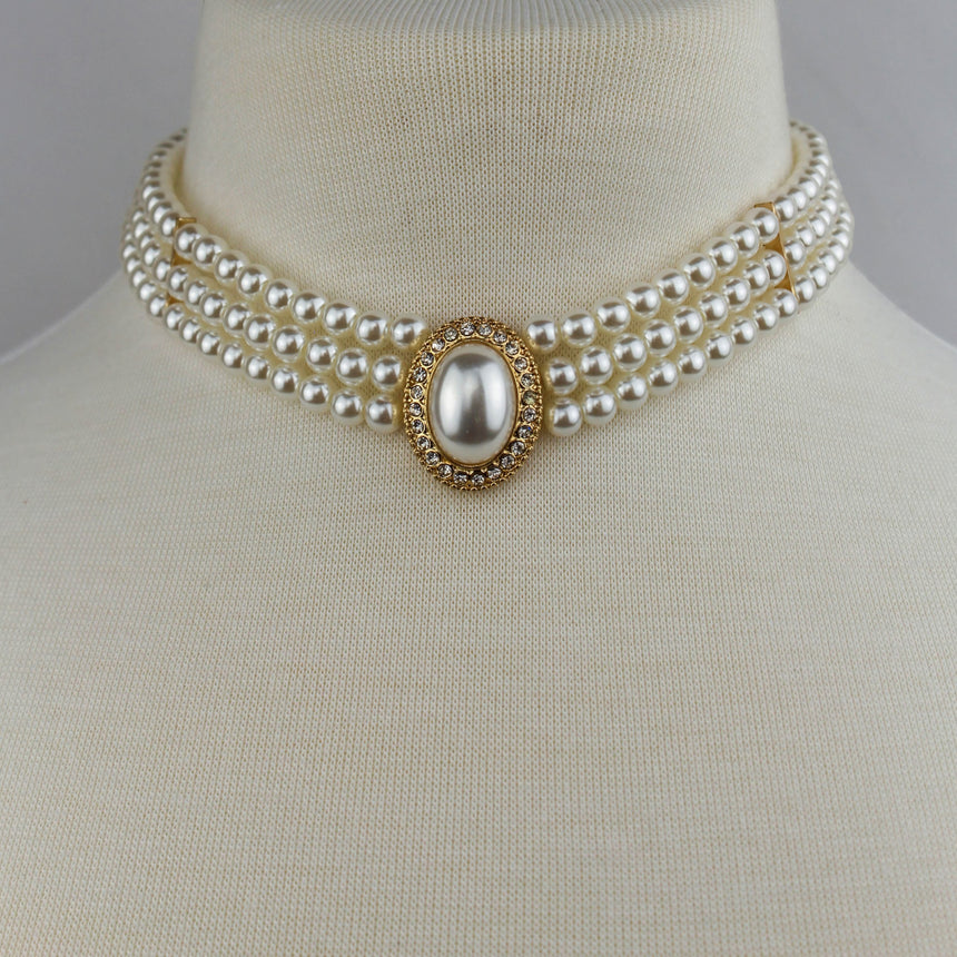 Three-Strand Pearl Choker — Faux Pearls, Rhinestone Halo, front view with gold-tone side bar visible