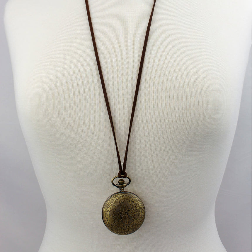 Pocket Watch Necklace — Bronze-Tone Alloy, Faux-Suede Cord, filigree case back, full view