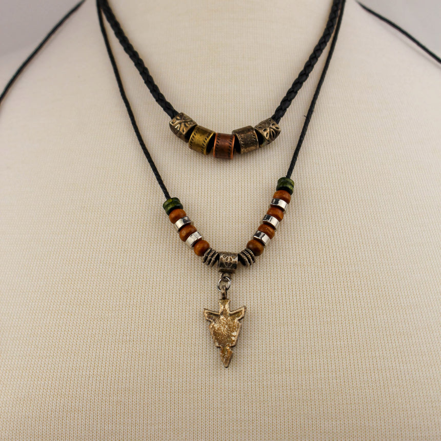 Arrowhead Double Cord Necklace — Wood Beads, Adjustable Cords, full double strand view on a mannequin