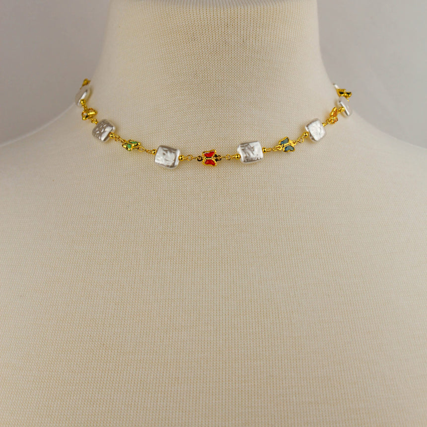 Pearl-Tile Butterfly Choker — Gold-Tone Alloy, Stations, wider view showing the full choker length