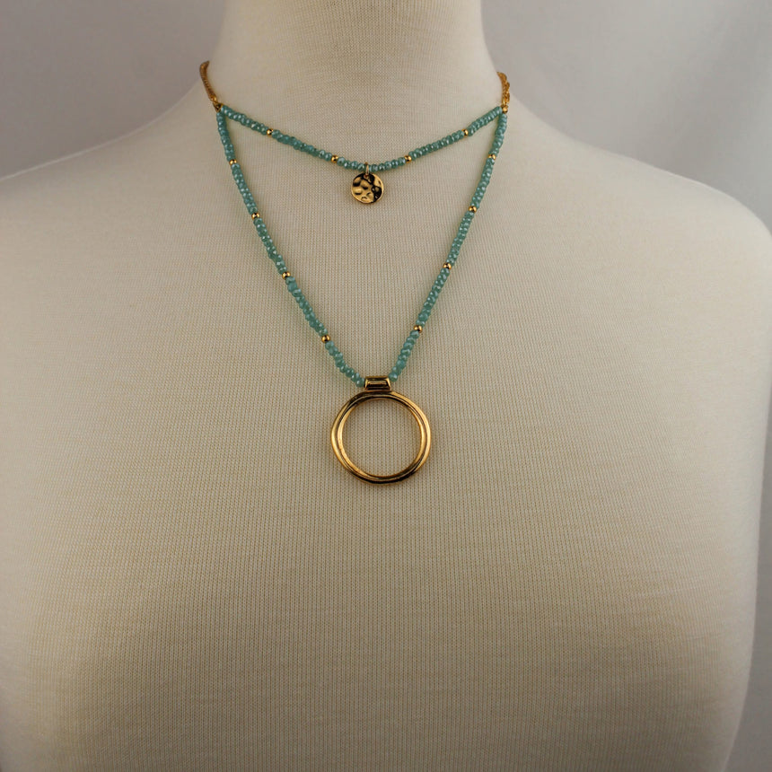 Aqua Double-Strand Necklace — Glass Beads, Gold-Tone Rings, full necklace on mannequin