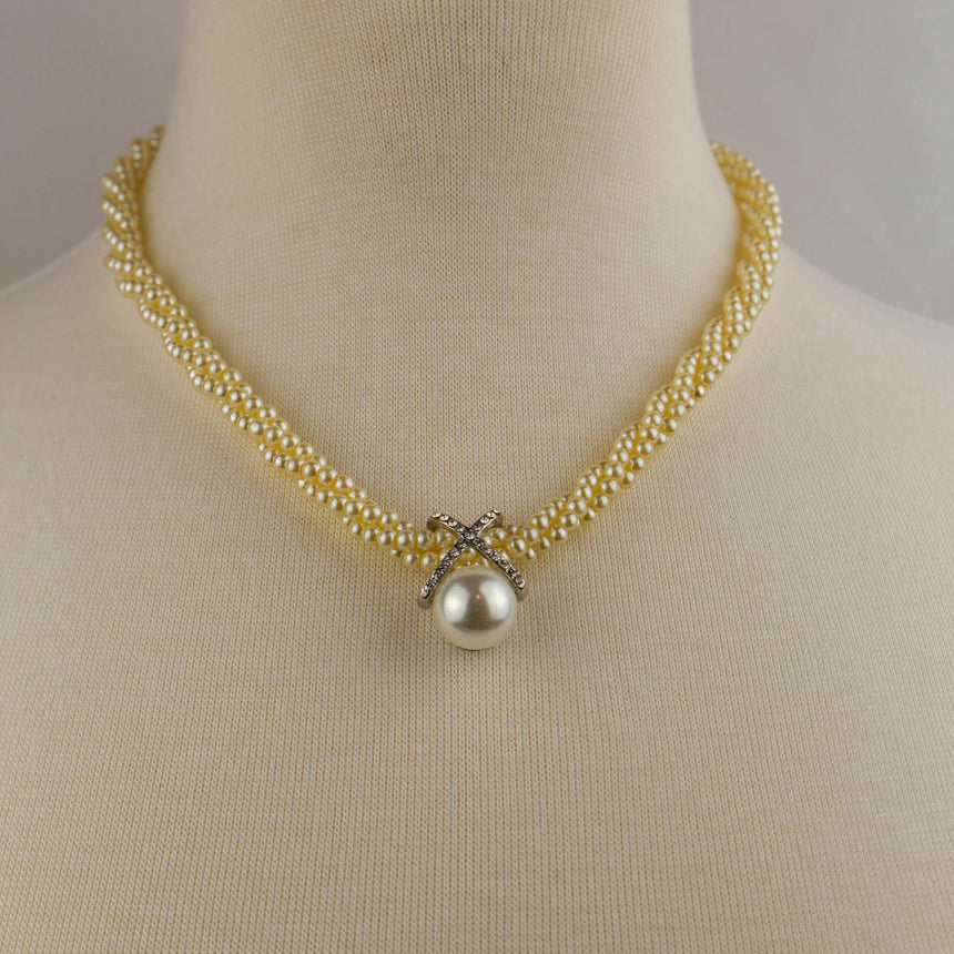 Twisted Pearl Torsade Choker — Faux Seed Pearls, Crystal X Motif, front view of the twisted pearl strands