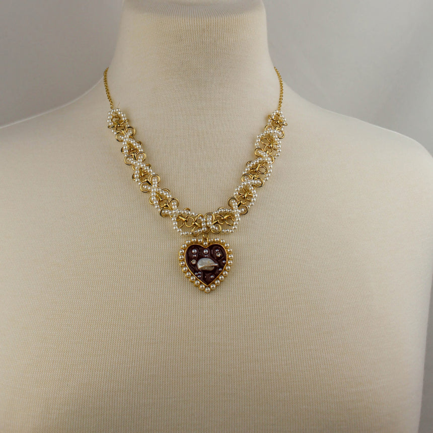 Pearl-Woven Collar Necklace — Gold-Tone Alloy, Heart Drop, full view of the collar and heart pendant on a mannequin