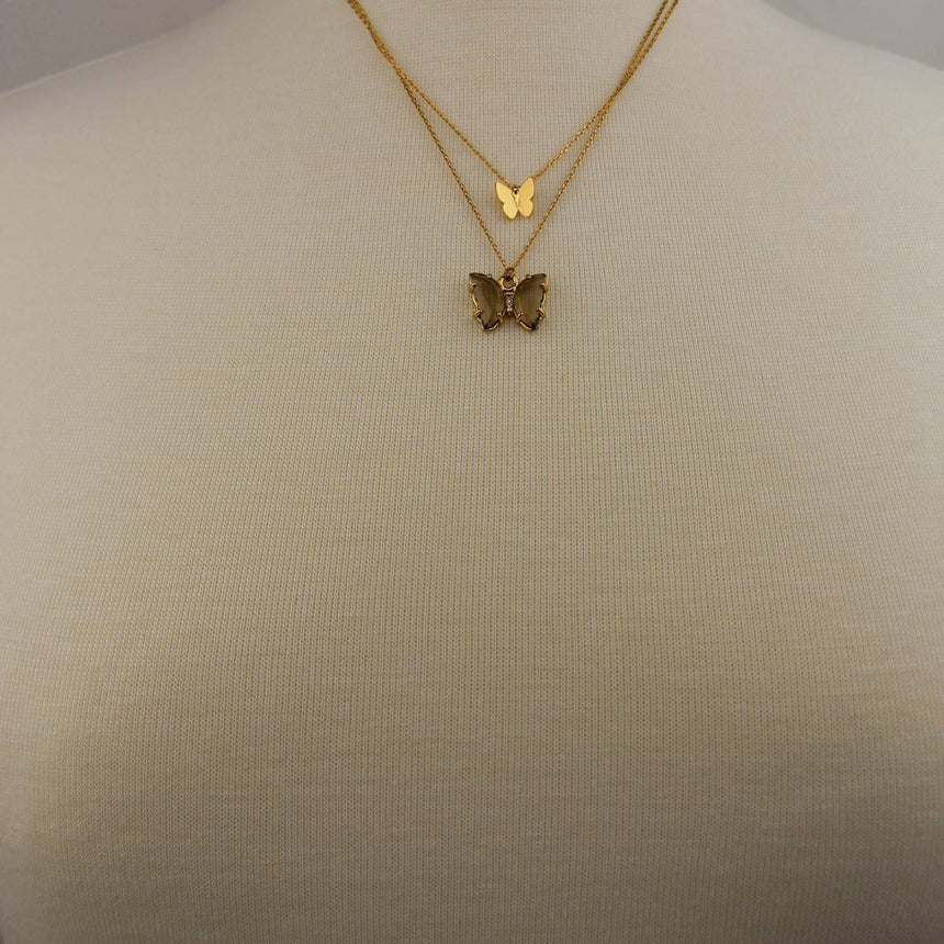 Layered Butterfly Necklace — Gold-Tone Alloy, Two Colorways, Smoky colorway, full necklace view