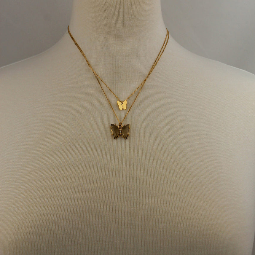 Layered Butterfly Necklace — Gold-Tone Alloy, Two Colorways, Smoky colorway, both butterfly layers on mannequin