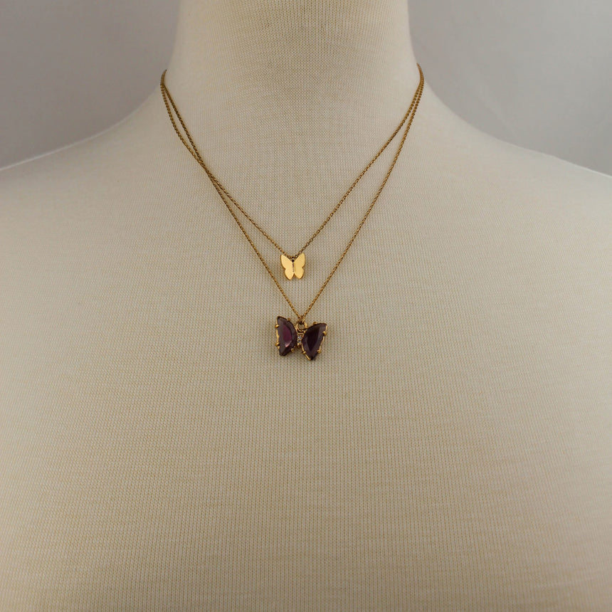 Layered Butterfly Necklace — Gold-Tone Alloy, Two Colorways, Purple colorway, both butterfly layers on mannequin
