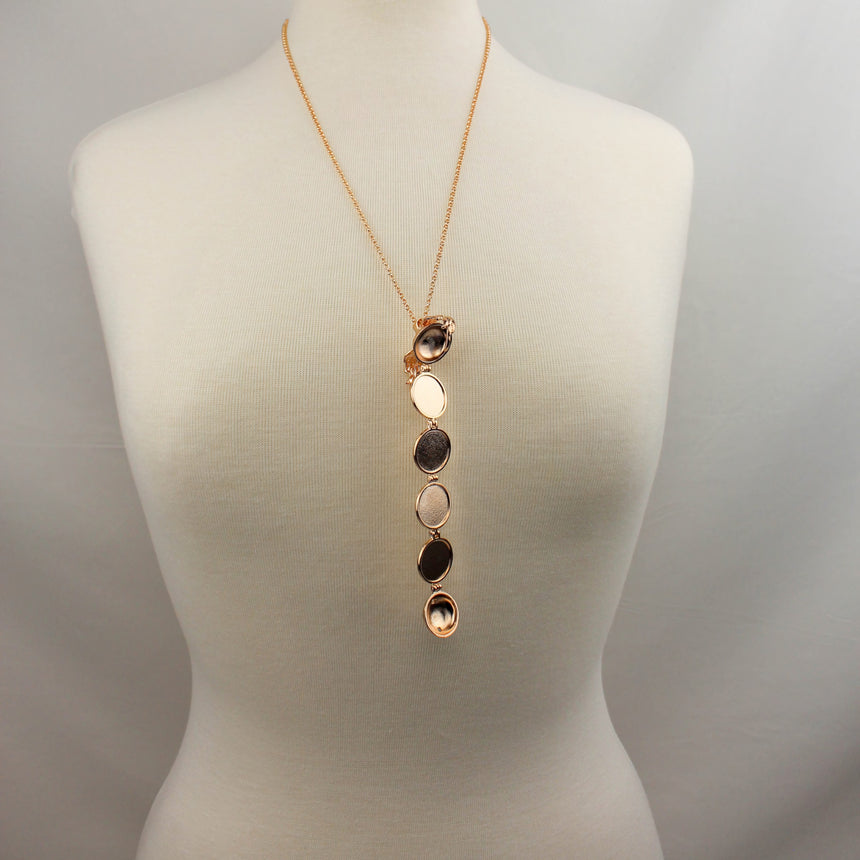 Expanding Photo Ball Locket — Gunmetal or Rose Gold Tone Alloy, rose gold finish open cascade worn full length