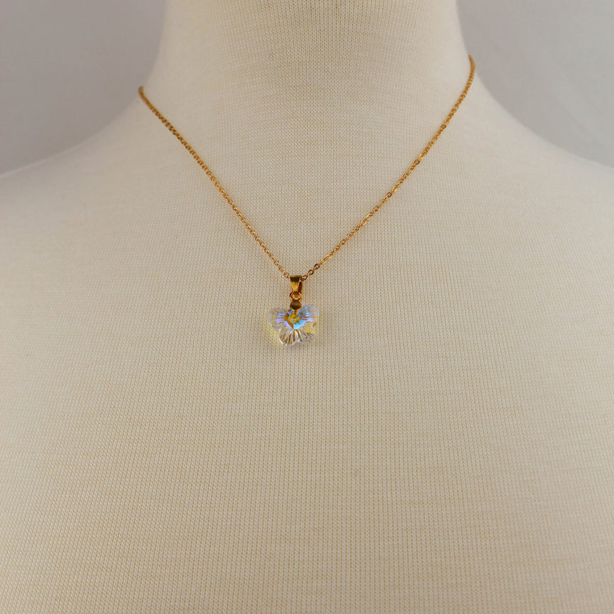 Crystal Butterfly Pendant Necklace — Glass, Four Colorways, Clear colorway, necklace on mannequin