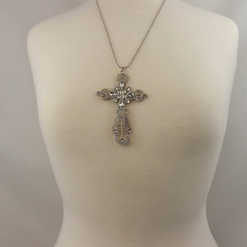 Rhinestone Cross Necklace — Silver-Tone Alloy, Ball Chain, full necklace on mannequin