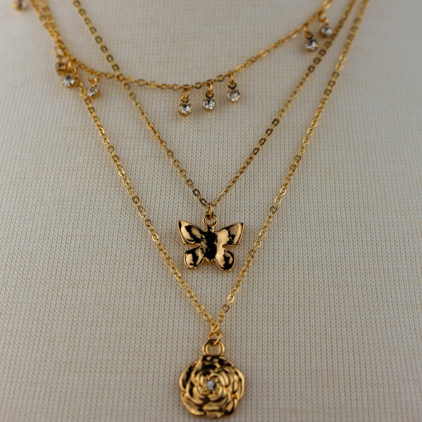 Triple Layer Butterfly Necklace — Gold-Tone or Silver-Tone Alloy, gold finish close-up with the rose medallion layer