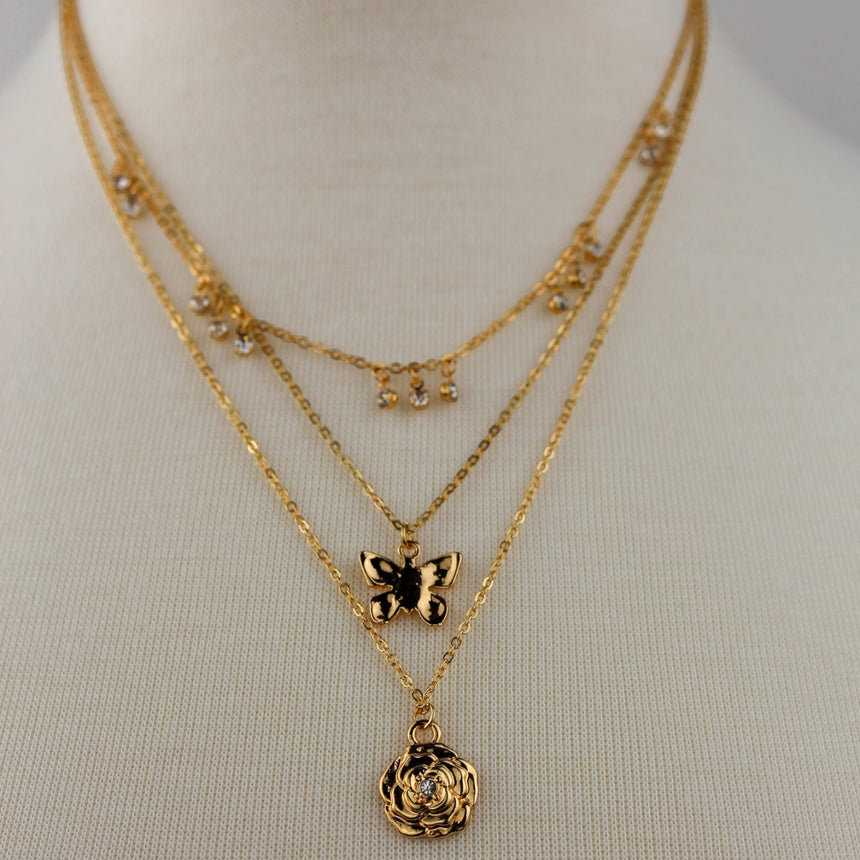 Triple Layer Butterfly Necklace — Gold-Tone or Silver-Tone Alloy, gold finish alternate view of the three layers