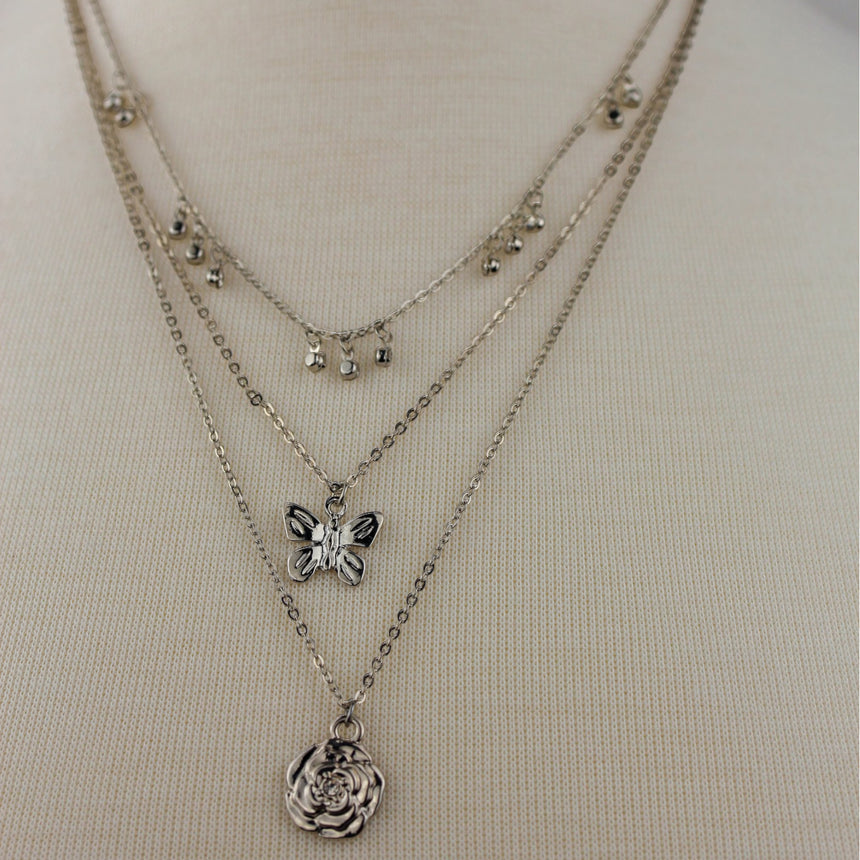 Triple Layer Butterfly Necklace — Gold-Tone or Silver-Tone Alloy, silver finish front view showing layer spacing