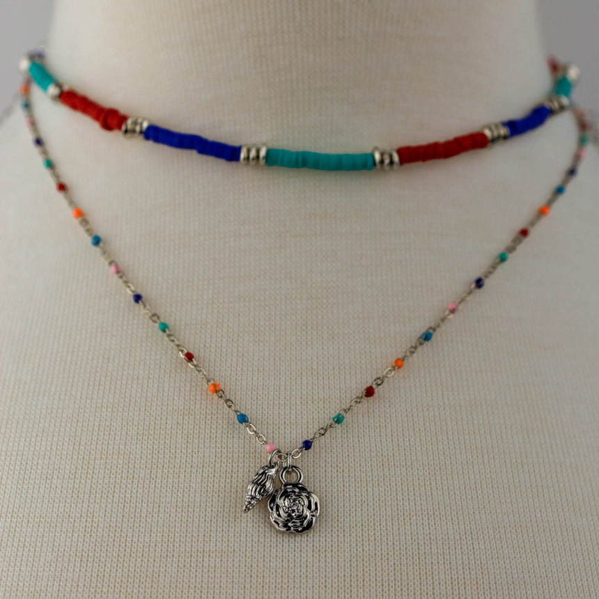Multicolor Heishi Choker Set — Silver-Tone Alloy, Rose Charm, close view of both layers with rose and companion charm