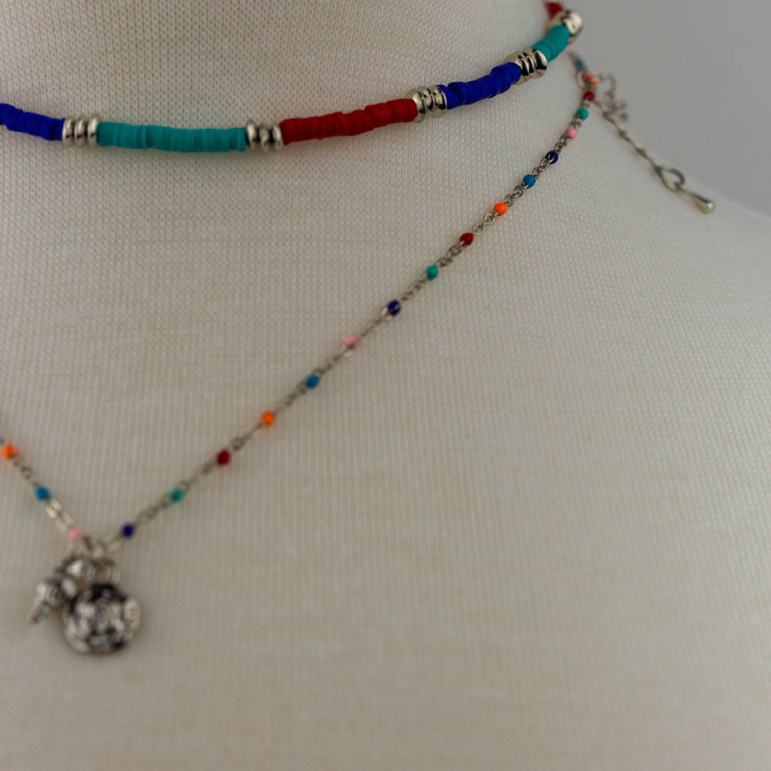 Multicolor Heishi Choker Set — Silver-Tone Alloy, Rose Charm, angled close-up showing beaded chain and extender