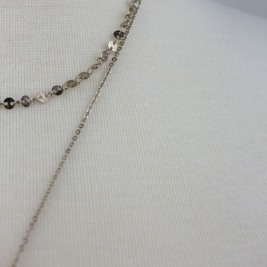 Coin Medallion Necklace — Silver-Tone Alloy, Layered Chains, close-up of the disc chain and fine chain