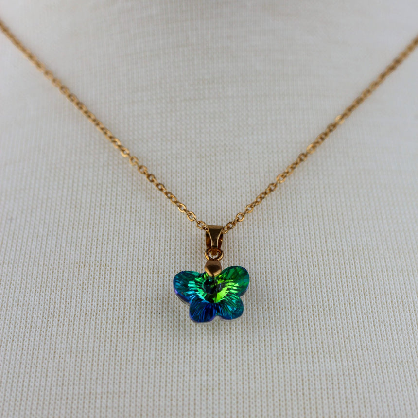 Crystal Butterfly Pendant Necklace — Glass, Four Colorways, Emerald colorway, mid view of the pendant