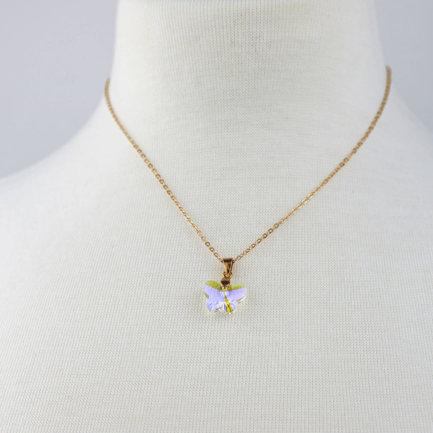 Crystal Butterfly Pendant Necklace — Glass, Four Colorways, Lavender colorway, necklace on mannequin