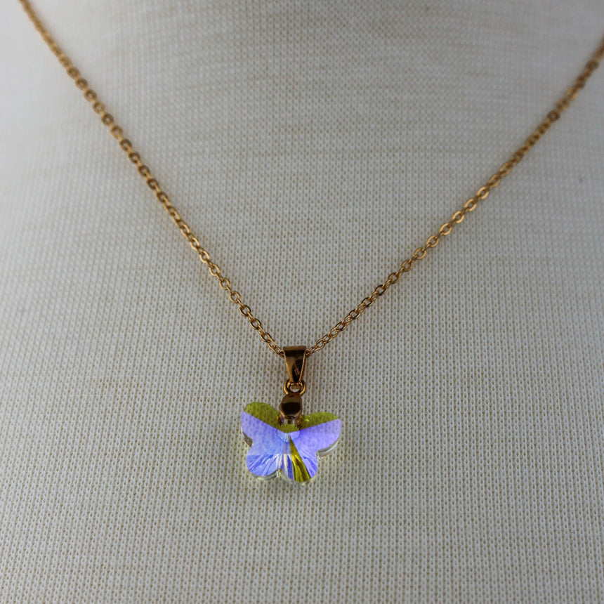 Crystal Butterfly Pendant Necklace — Glass, Four Colorways, Lavender colorway, close-up of the pale purple butterfly