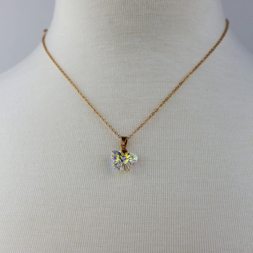 Crystal Butterfly Pendant Necklace — Glass, Four Colorways, Clear colorway, front view of the pendant