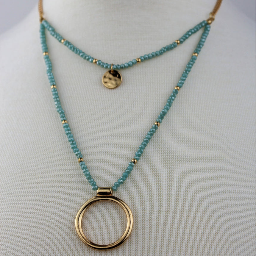 Aqua Double-Strand Necklace — Glass Beads, Gold-Tone Rings, both strands and ring pendant, front view
