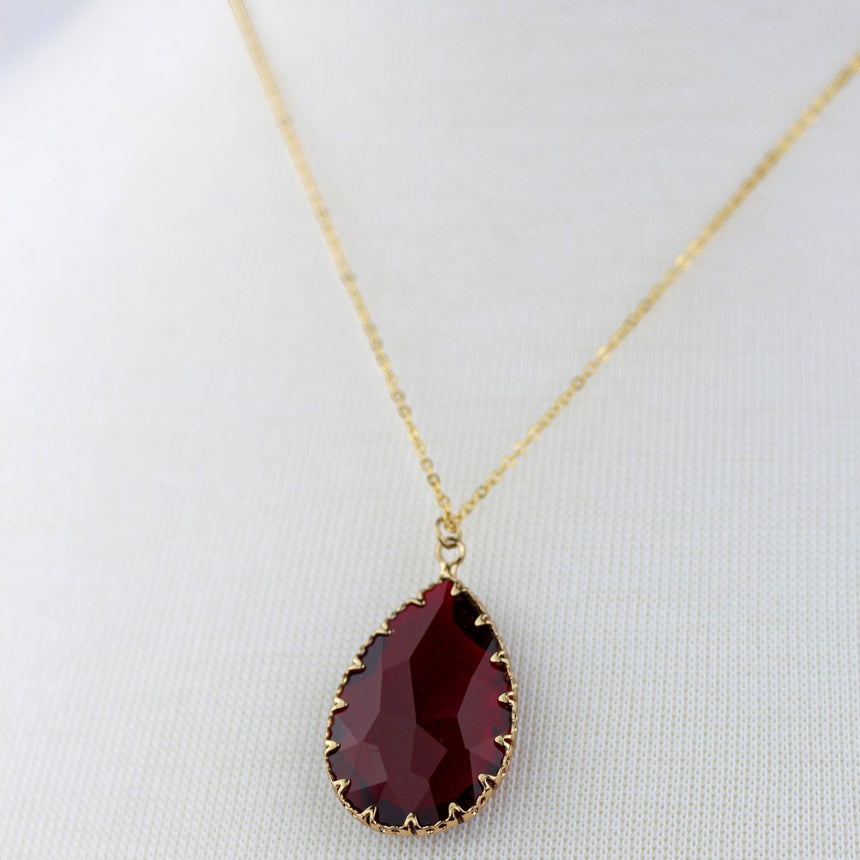 Deep Red Teardrop Necklace — Glass Crystal, Gold-Tone Chain, alternate view of the pendant
