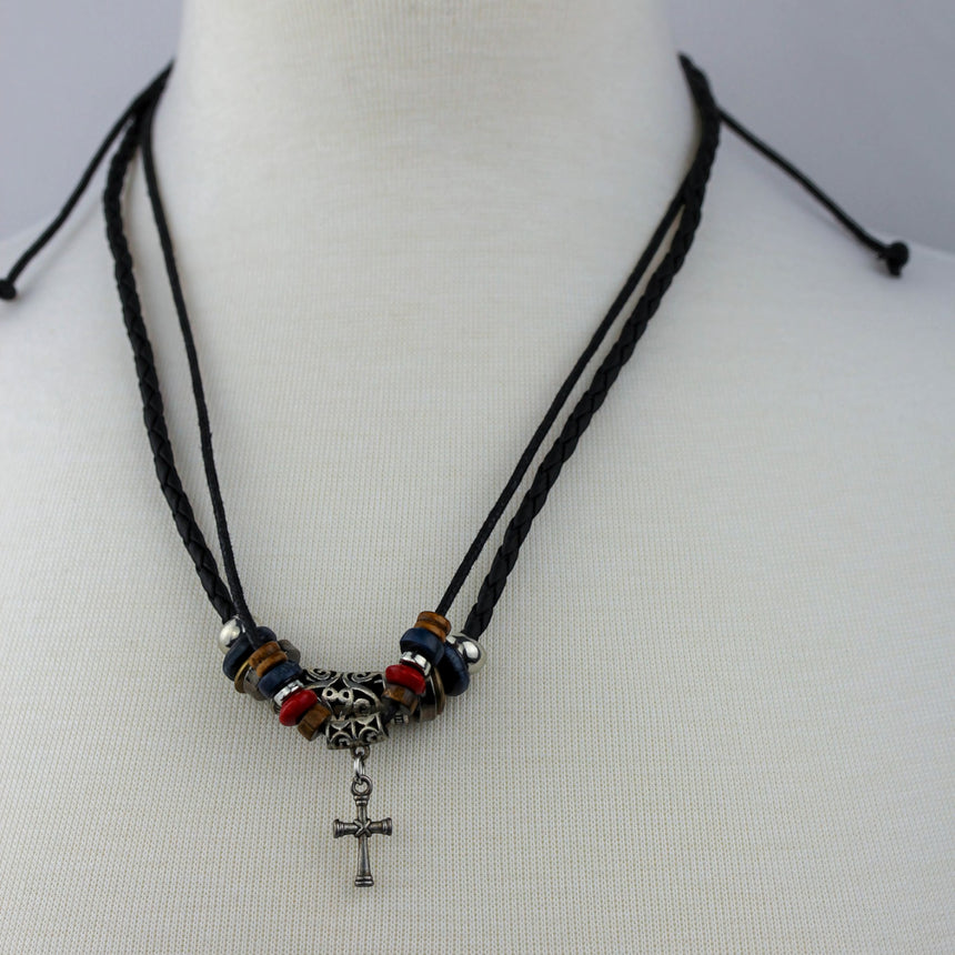 Braided Black Cord Choker — Disc Beads, Cross Dangle, front view of the double cords on a mannequin