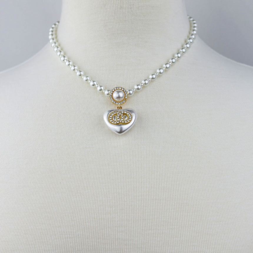 Pearl Strand Heart Necklace — Faux Pearls, Crystal Ring Emblem, front view of the pearl strand and heart pendant