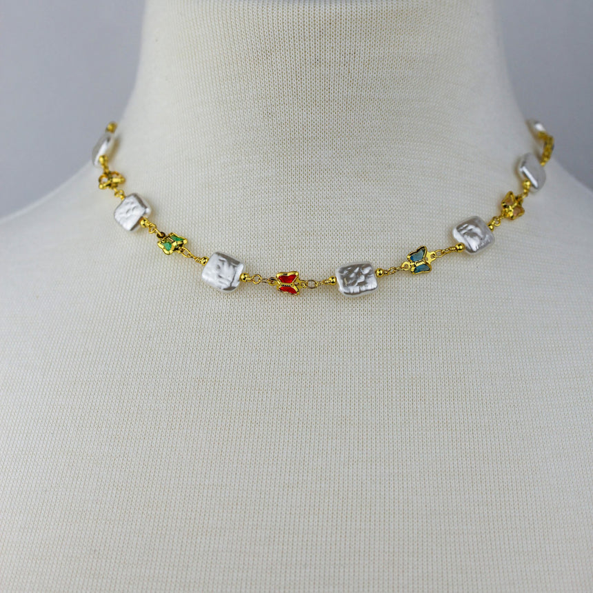 Pearl-Tile Butterfly Choker — Gold-Tone Alloy, Stations, second front view of the station choker