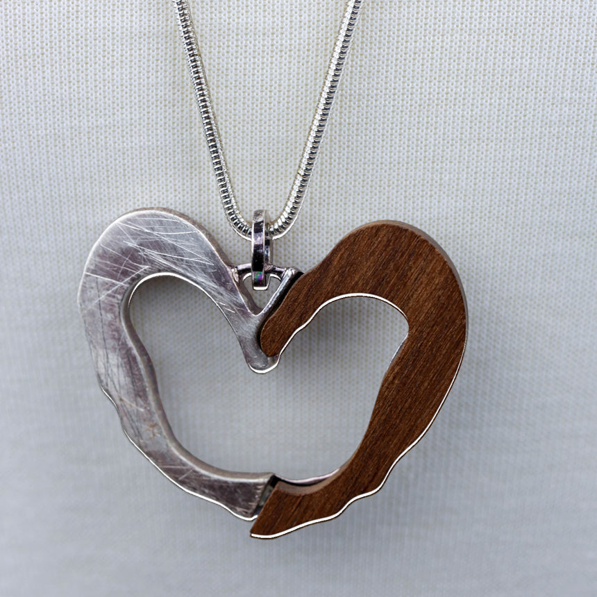 Two-Tone Open Heart Necklace — Wood & Alloy, 2 Colors, detail of the pendant bail, silver colorway