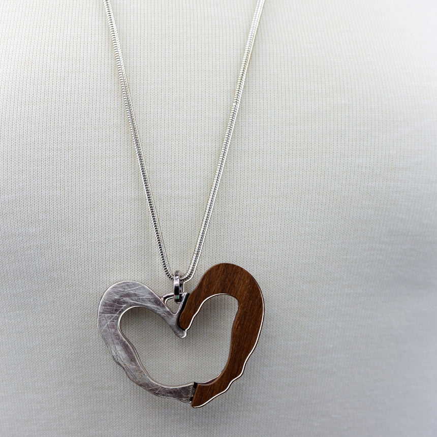 Two-Tone Open Heart Necklace — Wood & Alloy, 2 Colors, mid-length view of the silver colorway