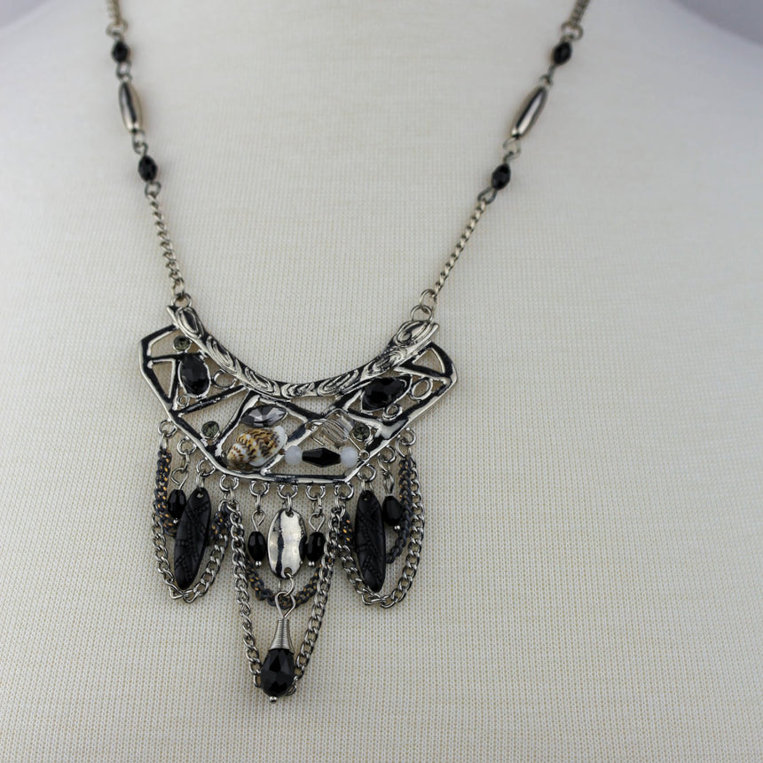 Antiqued Boho Bib Necklace — Silver-Tone Alloy, Bead Drops, mid view showing the beaded side chains