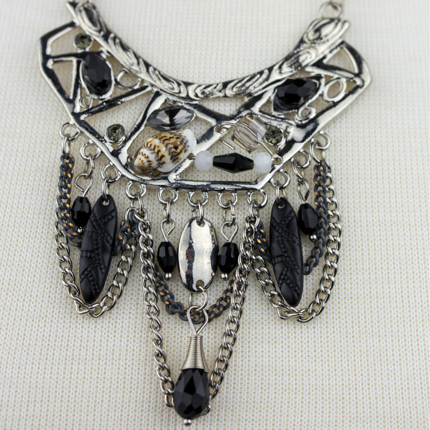 Antiqued Boho Bib Necklace — Silver-Tone Alloy, Bead Drops, close-up of the crescent frame and chain swags