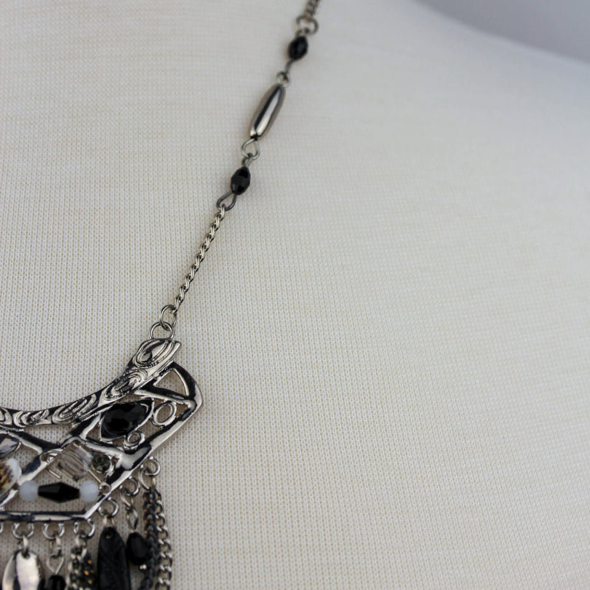 Antiqued Boho Bib Necklace — Silver-Tone Alloy, Bead Drops, side view of the chain detail