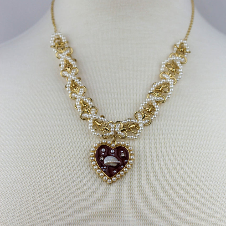 Pearl-Woven Collar Necklace — Gold-Tone Alloy, Heart Drop, closer front view of the woven collar