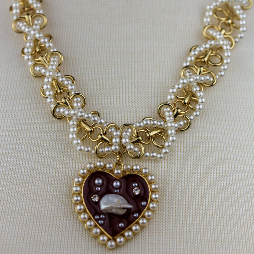 Pearl-Woven Collar Necklace — Gold-Tone Alloy, Heart Drop, detail of the pearl-woven links above the heart